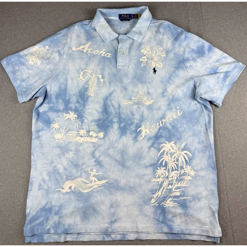 Polo Ralph Lauren Hawaii Aloha Tie Dye Polo Shirt XL Classic Fit Blue Cotton
